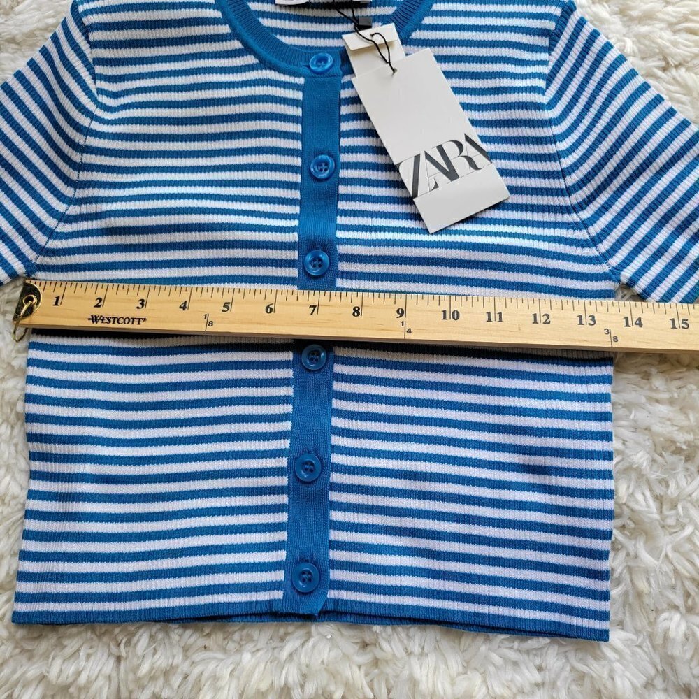 ZARA Cropped Blue Striped Sweater Knit Short Sleeve T-shirt Tee Top Size Medium - Picture 6 of 10